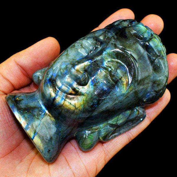 gemsmore:Golden & Blue Labradorite Gemstone Carved Lord Buddha Head Idol