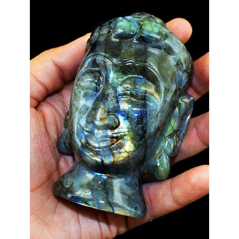 gemsmore:Golden & Blue Labradorite Gemstone Carved Lord Buddha Head Idol