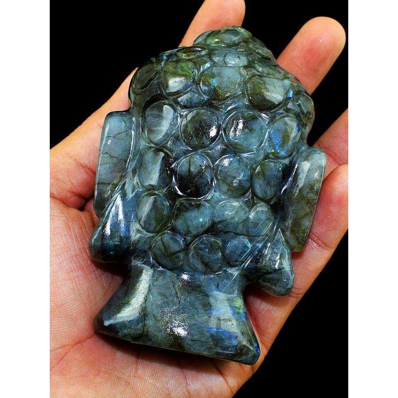 gemsmore:Golden & Blue Labradorite Gemstone Carved Lord Buddha Head Idol