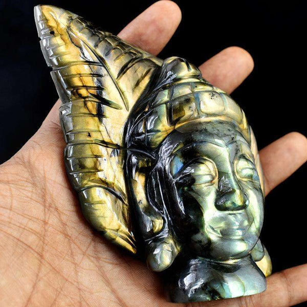 gemsmore:Golden Flash Labradorite Carved Lord Buddha Head With Leaf