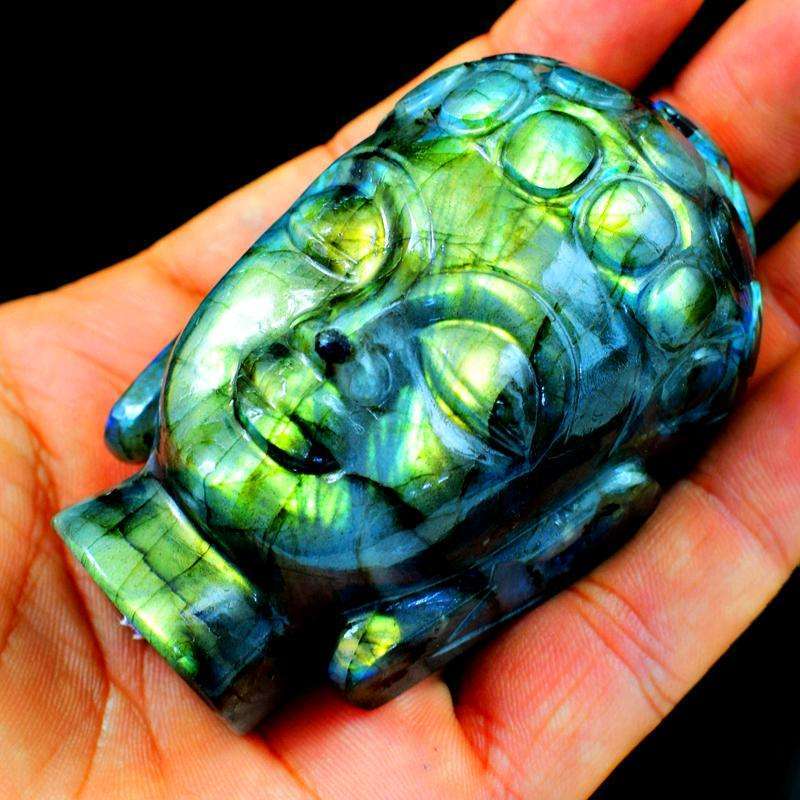 gemsmore:Golden Flash Labradorite Carved Lord Buddha Head