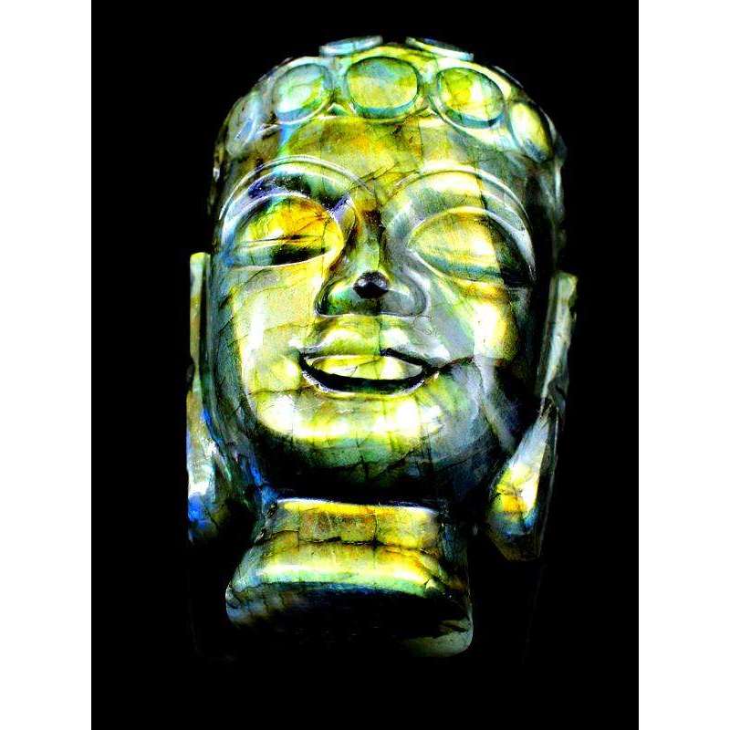 gemsmore:Golden Flash Labradorite Carved Lord Buddha Head