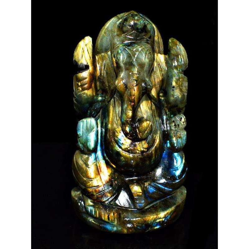 gemsmore:Golden Flash Labradorite Carved Lord Ganesha Idol Statute