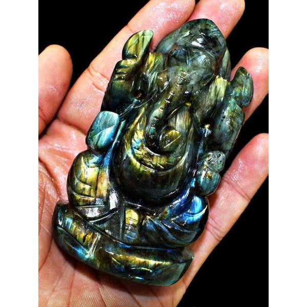 gemsmore:Golden Flash Labradorite Carved Lord Ganesha Idol Statute