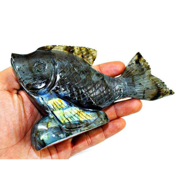 gemsmore:Golden Flash Labradorite Finely Hand Carved Fish