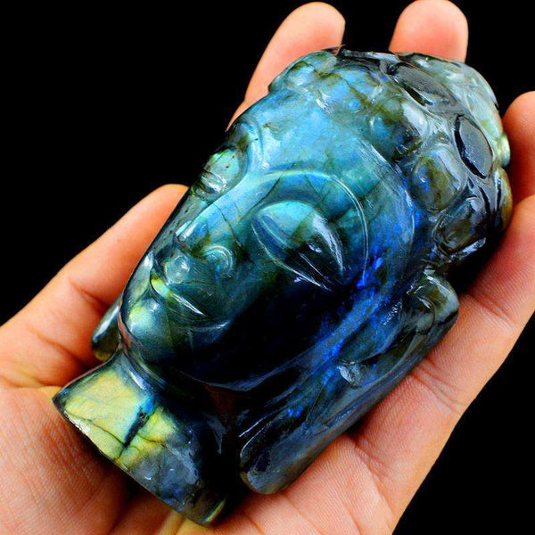 gemsmore:Golden Flash Labradorite Gemstone Carved Lord Buddha Head Idol Statute