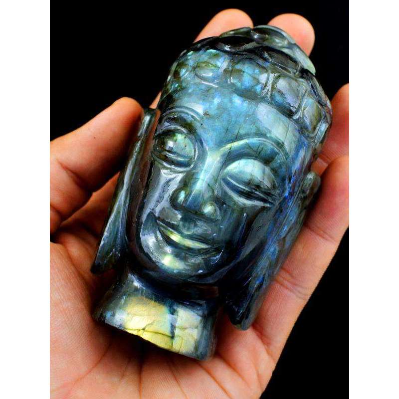 gemsmore:Golden Flash Labradorite Gemstone Carved Lord Buddha Head Idol Statute