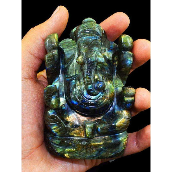 gemsmore:Golden Flash Labradorite Gemstone Carved Lord Ganesha Idol Statute