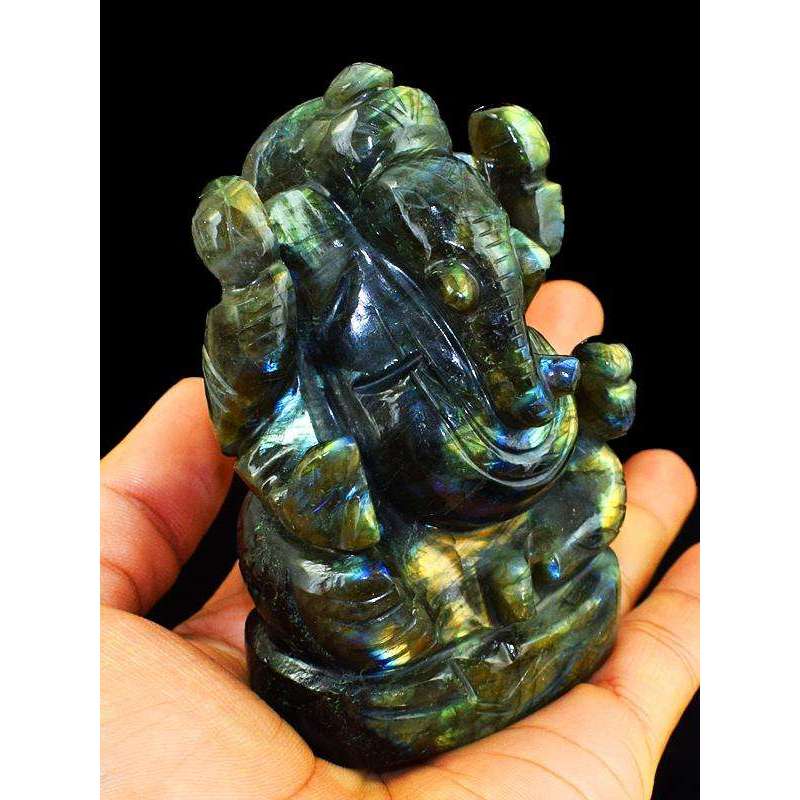 gemsmore:Golden Flash Labradorite Gemstone Carved Lord Ganesha Idol Statute
