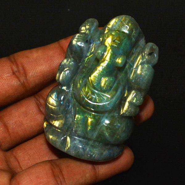 gemsmore:Golden Flash Labradorite Gemstone Carved Lord Ganesha Idol