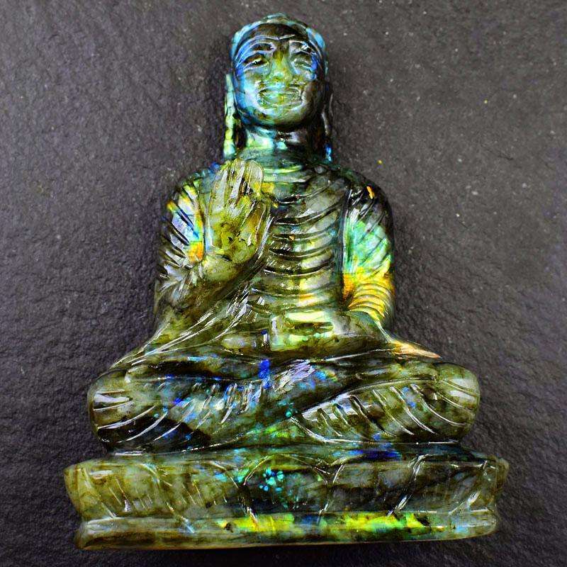 gemsmore:Golden Flash Labradorite Hand Carved Lord Buddha Idol