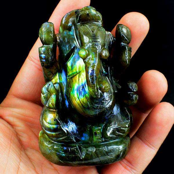 gemsmore:Golden Flash Labradorite Hand Carved Lord Ganesha Idol