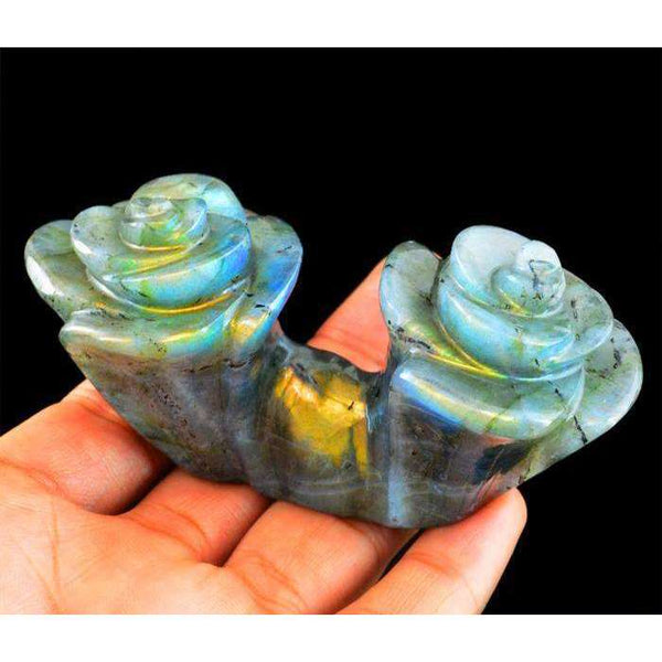 gemsmore:Golden Flash Labradorite Hand Carved Twin Rose