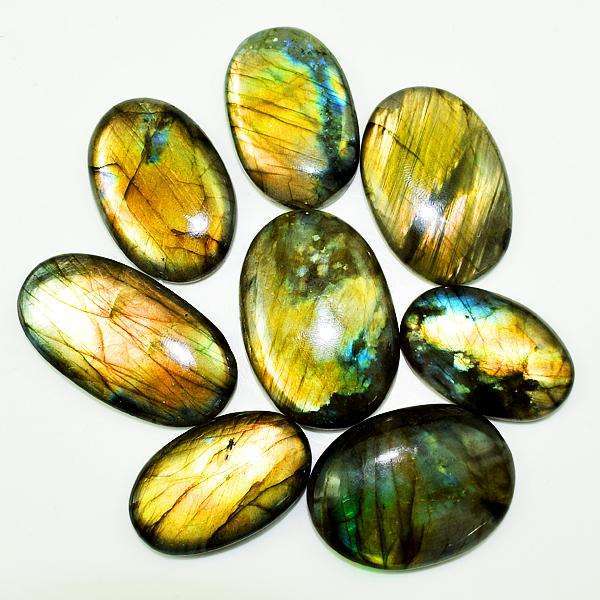 gemsmore:Golden Flash Labradorite Oval Shape Carved Cabochon Lot