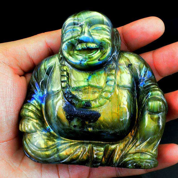 gemsmore:Golden Flash Premium Labradorite Carved Laughing Buddha