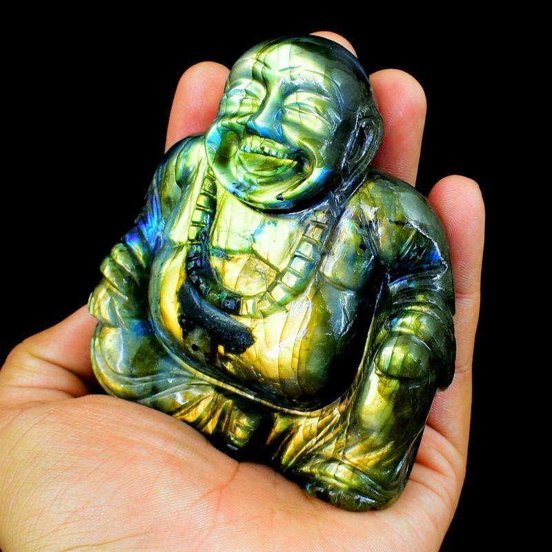 gemsmore:Golden Flash Premium Labradorite Carved Laughing Buddha