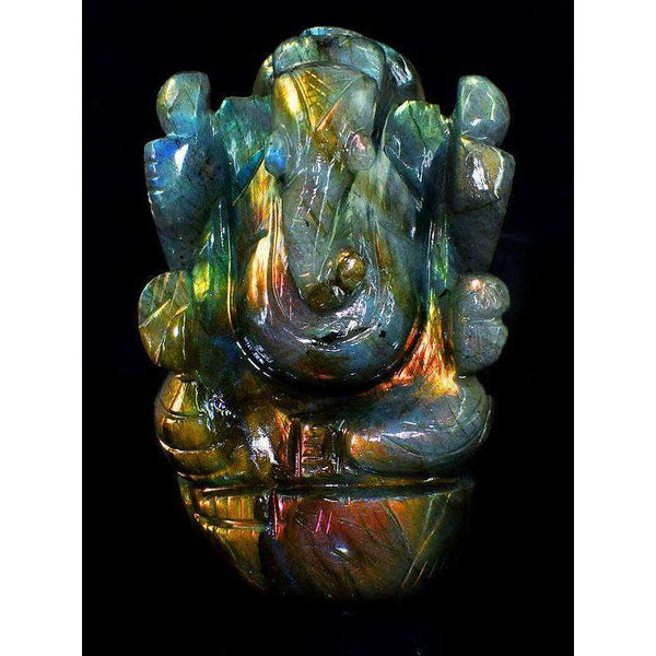 gemsmore:Golden & Pink Flash Labradorite Hand Carved Lord Ganesha