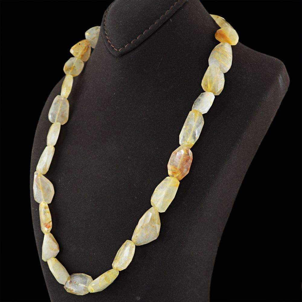 gemsmore:Golden Rutile Quartz Necklace - Natural 20 Inches Long Faceted Beads