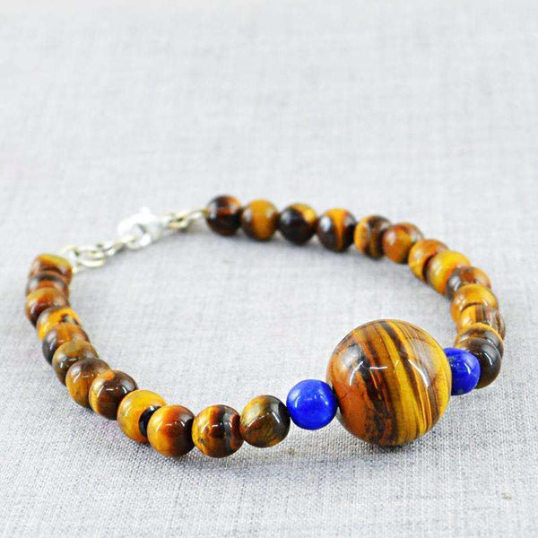 gemsmore:Golden Tiger Eye & Blue Lapis Lazuli Bracelet Natural Round Shape Beads