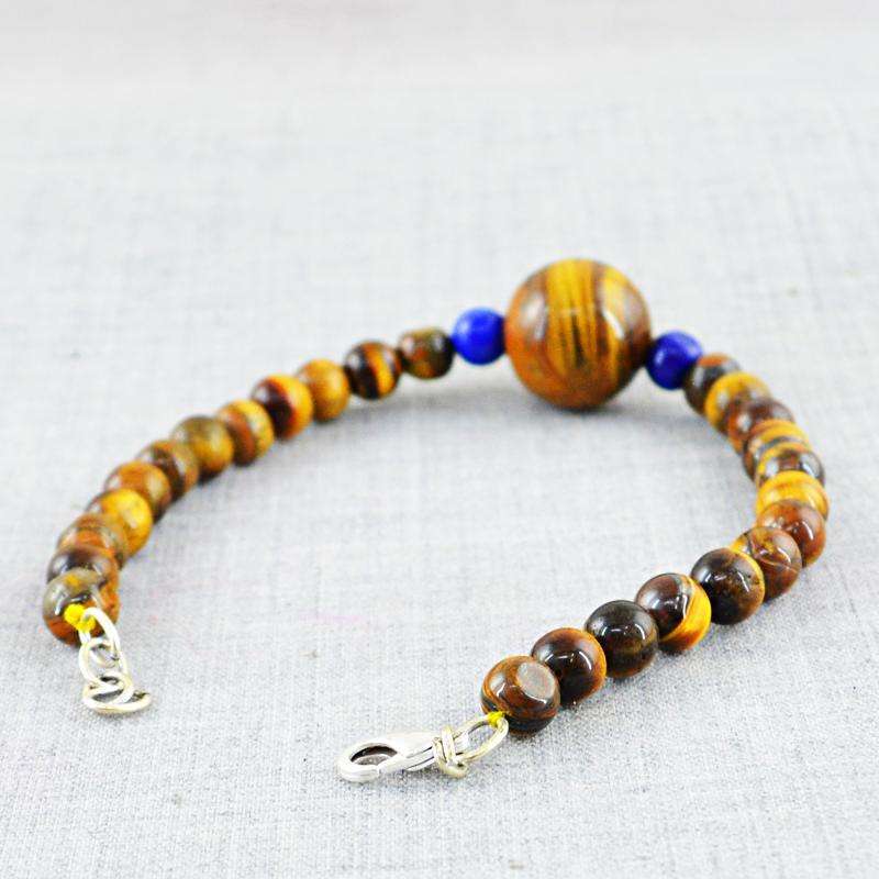 gemsmore:Golden Tiger Eye & Blue Lapis Lazuli Bracelet Natural Round Shape Beads