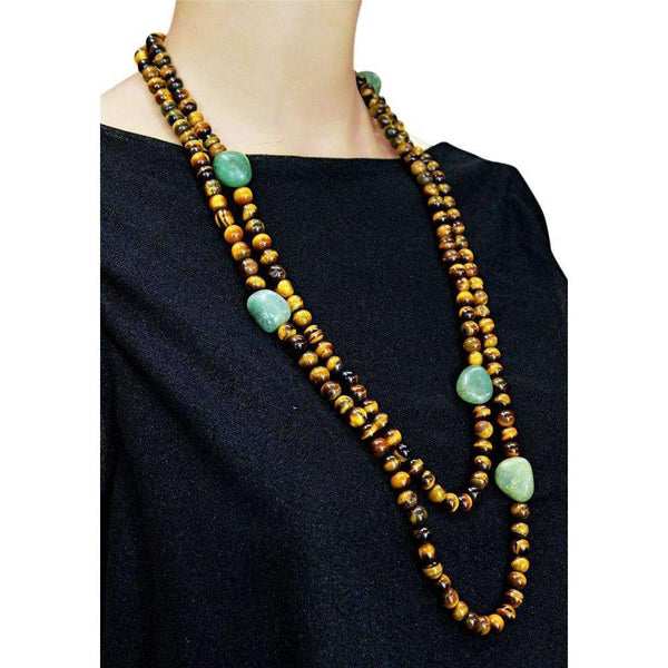 gemsmore:Golden Tiger Eye & Green Aventurine Necklace Natural Round Shape Beads
