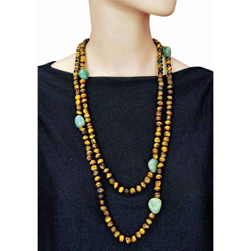 gemsmore:Golden Tiger Eye & Green Aventurine Necklace Natural Round Shape Beads