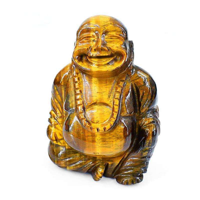 gemsmore:Golden Tiger Eye Hand Carved Laughing Buddha Idol Statute