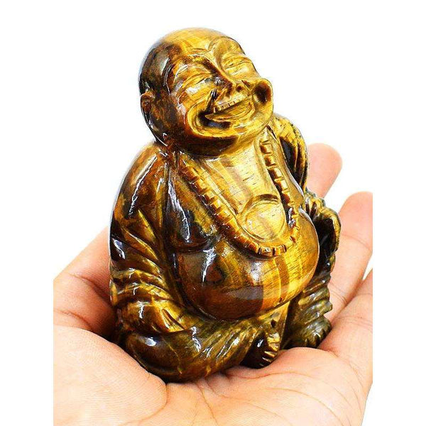 gemsmore:Golden Tiger Eye Hand Carved Laughing Buddha Idol Statute