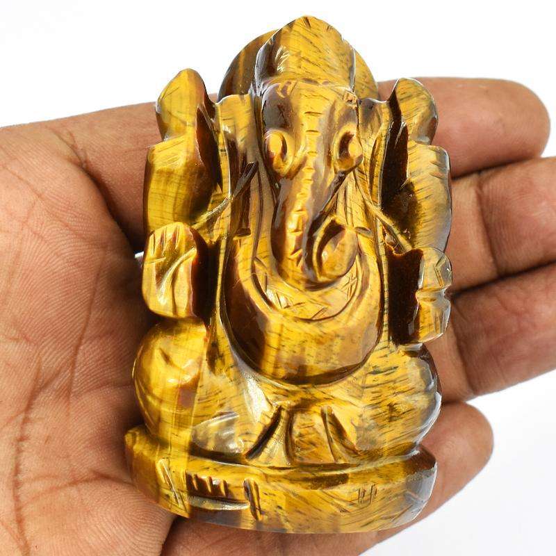 gemsmore:Golden Tiger Eye Hand Carved Lord Ganesha Idol