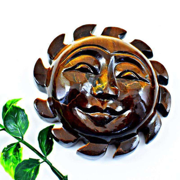 gemsmore:Golden Tiger Eye Hand Carved Sun Face