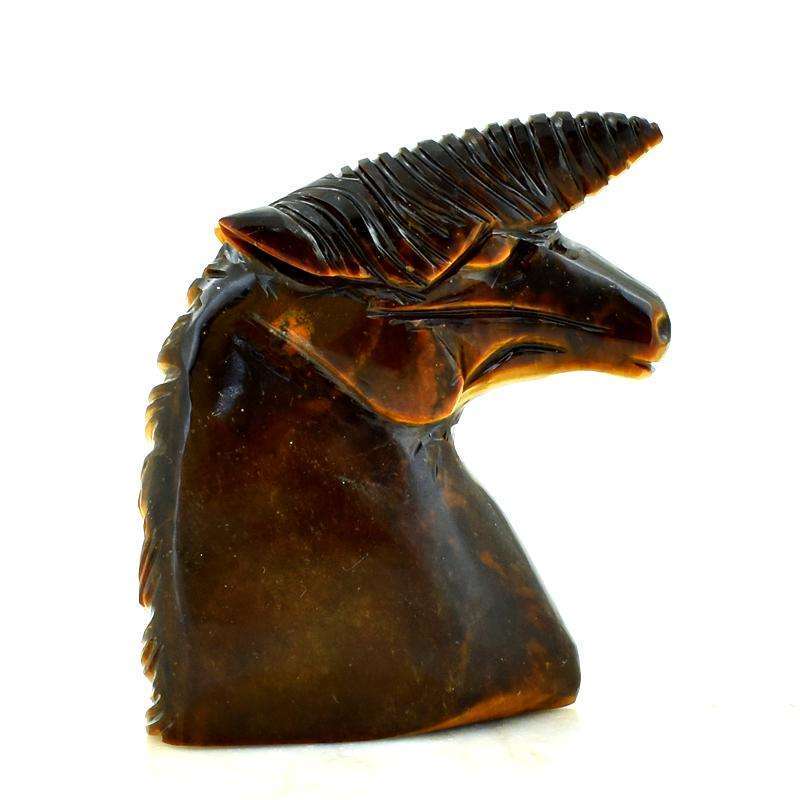 gemsmore:Golden Tiger Eye Hand Carved Unicorn Head