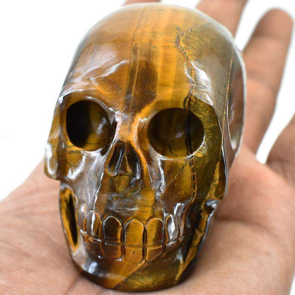 gemsmore:Golden Tiger Eye Hand Craved Human Skull