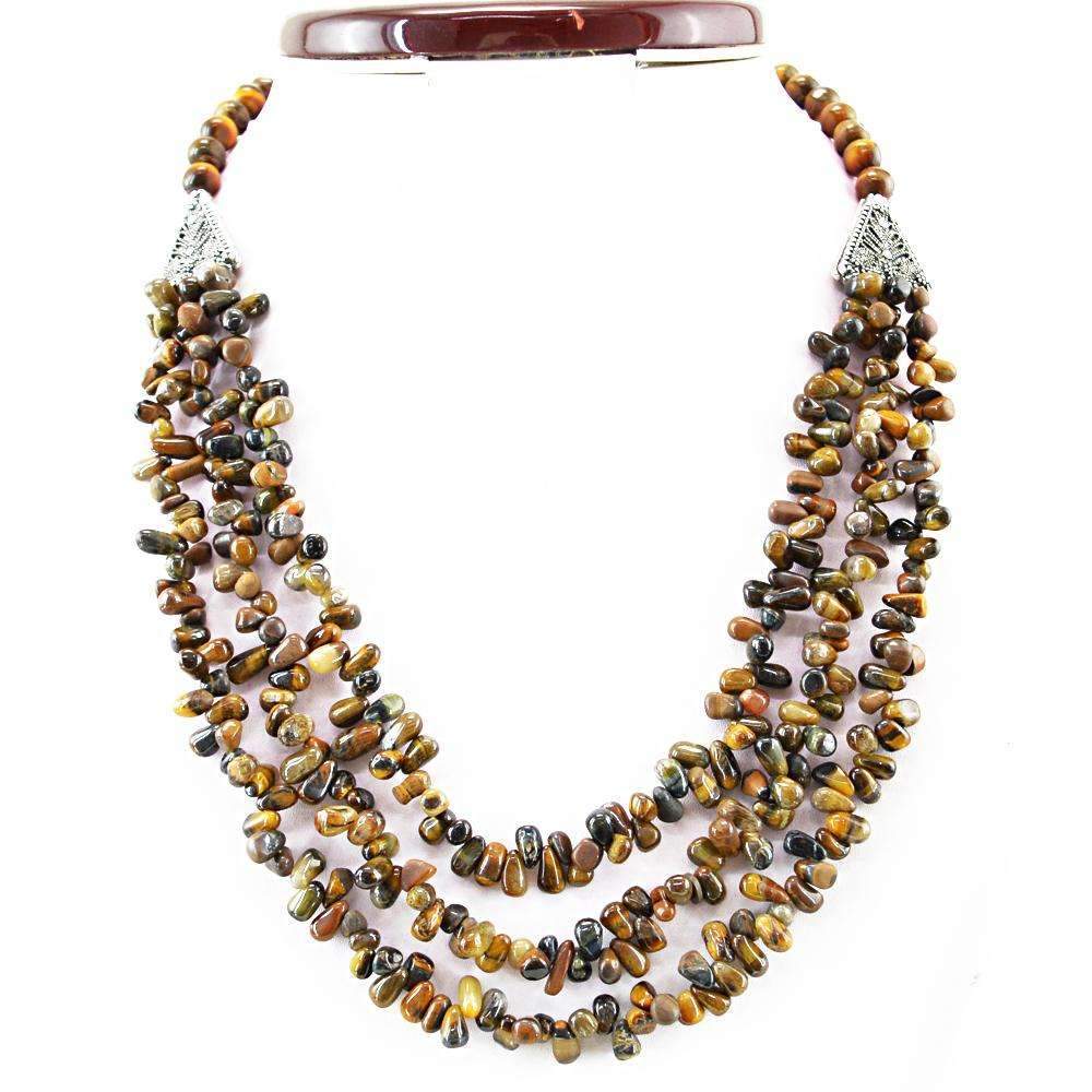 gemsmore:Golden Tiger Eye Necklace Natural 3 Strand Untreated Beads