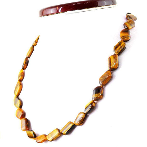 gemsmore:Golden Tiger Eye Necklace Natural Single Strand Untreated Beads