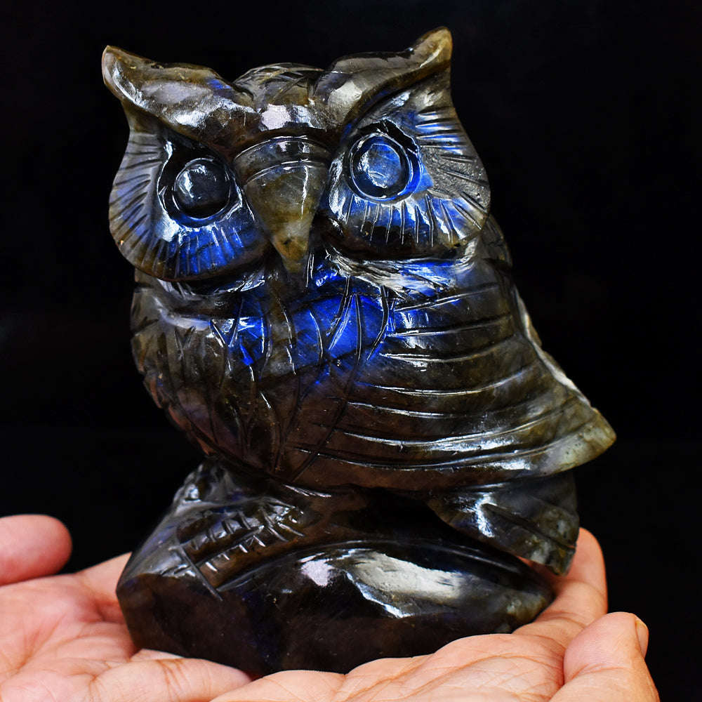 gemsmore:Gorgeous  Amazing  Blue Flash Labradorite Hand Carved Gemstone Crystal Owl