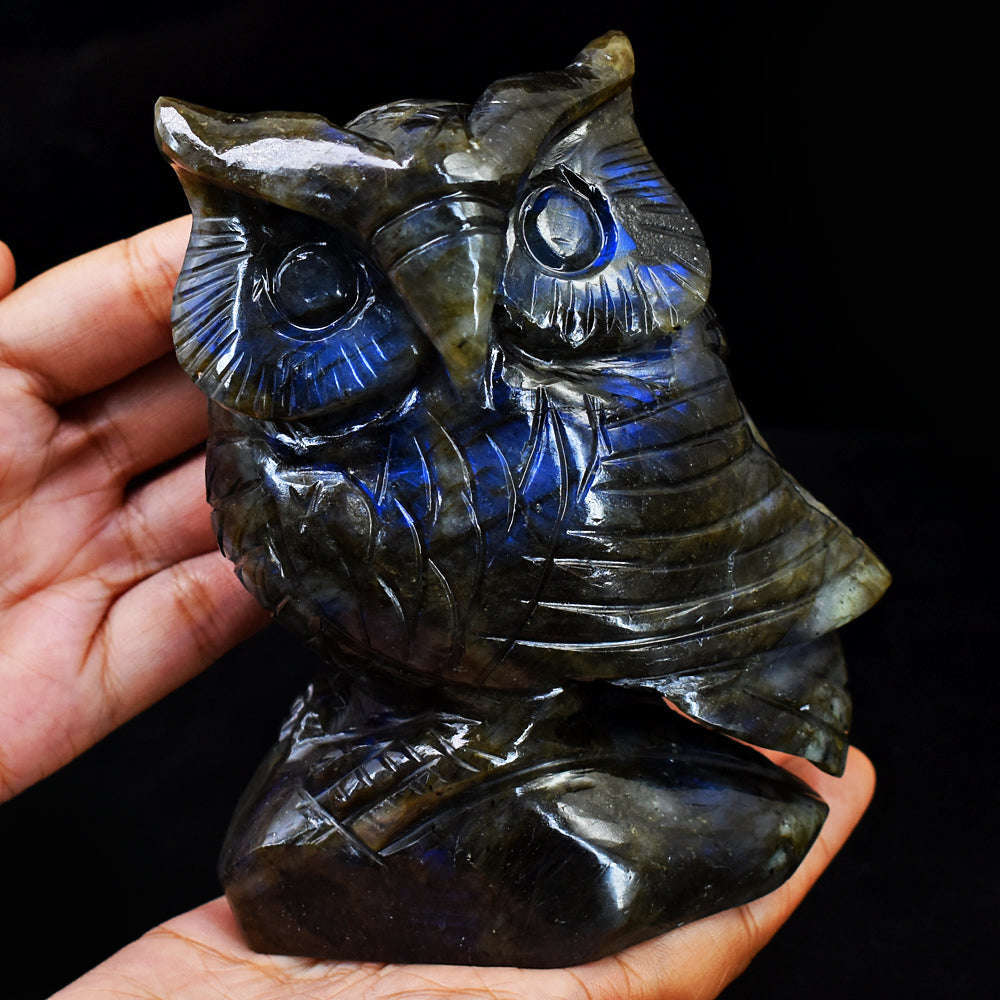 gemsmore:Gorgeous  Amazing  Blue Flash Labradorite Hand Carved Gemstone Crystal Owl
