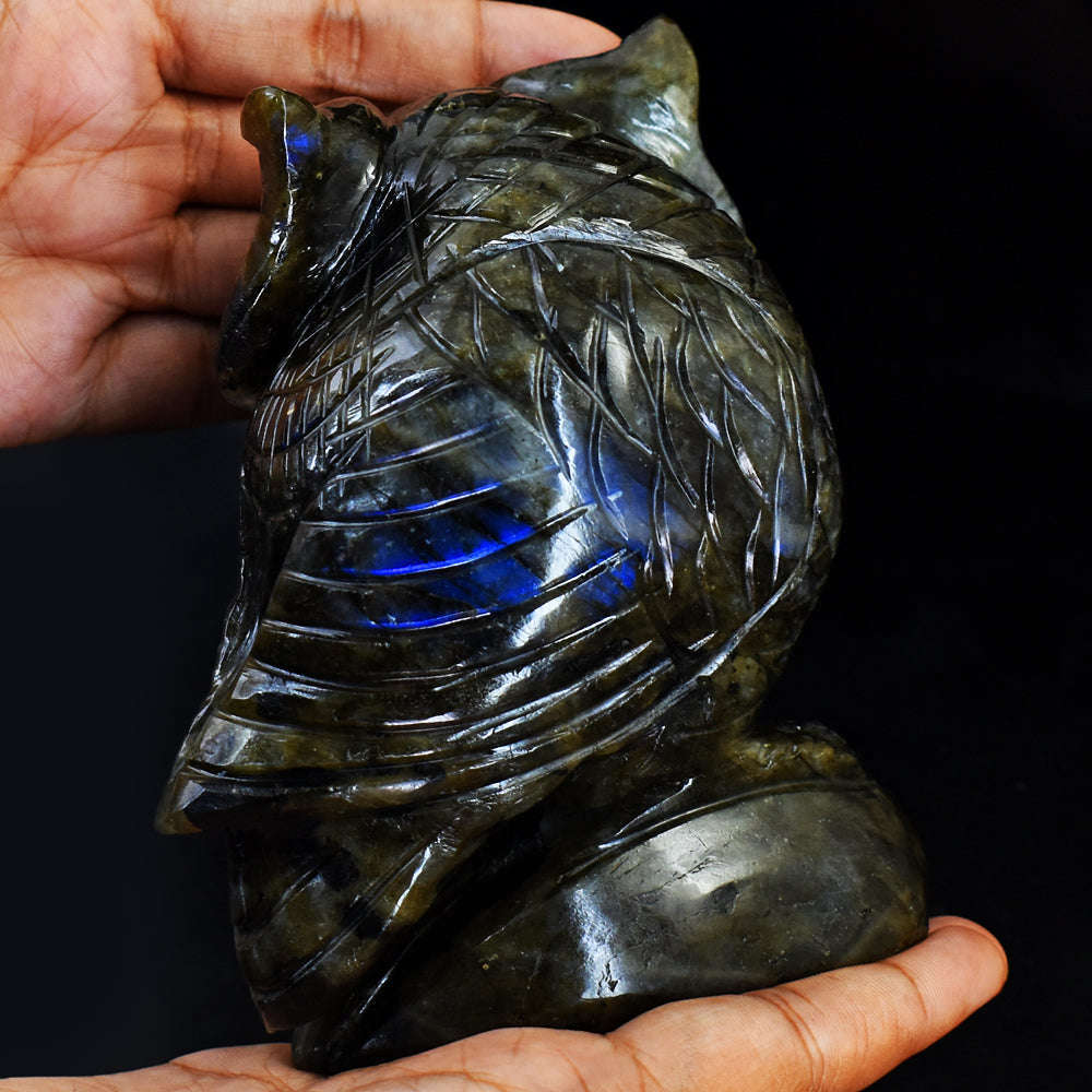 gemsmore:Gorgeous  Amazing  Blue Flash Labradorite Hand Carved Gemstone Crystal Owl