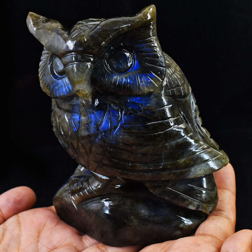 gemsmore:Gorgeous  Amazing  Blue Flash Labradorite Hand Carved Gemstone Crystal Owl