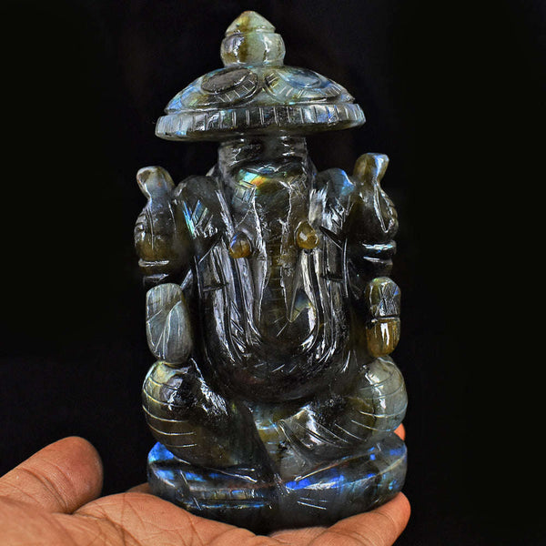 gemsmore:Gorgeous Amazing Flash Labradorite Hand Carved Ganesha With Throne
