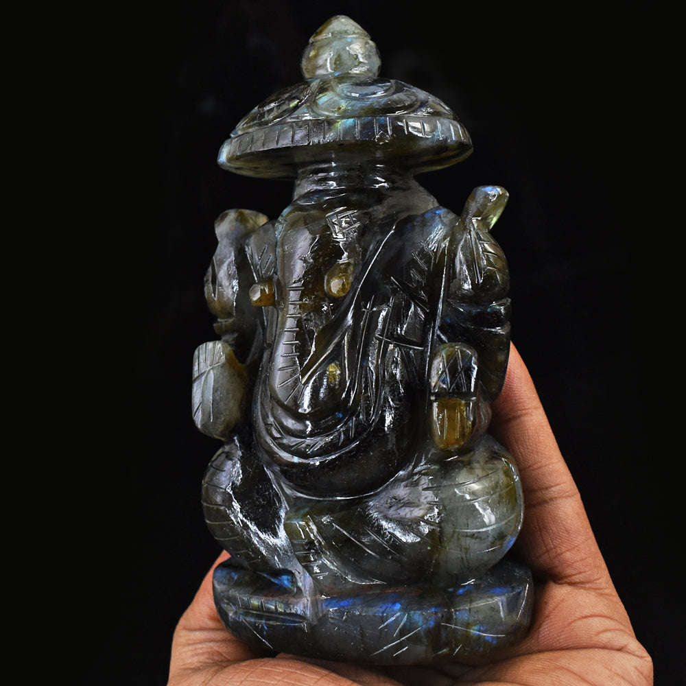 gemsmore:Gorgeous Amazing Flash Labradorite Hand Carved Ganesha With Throne