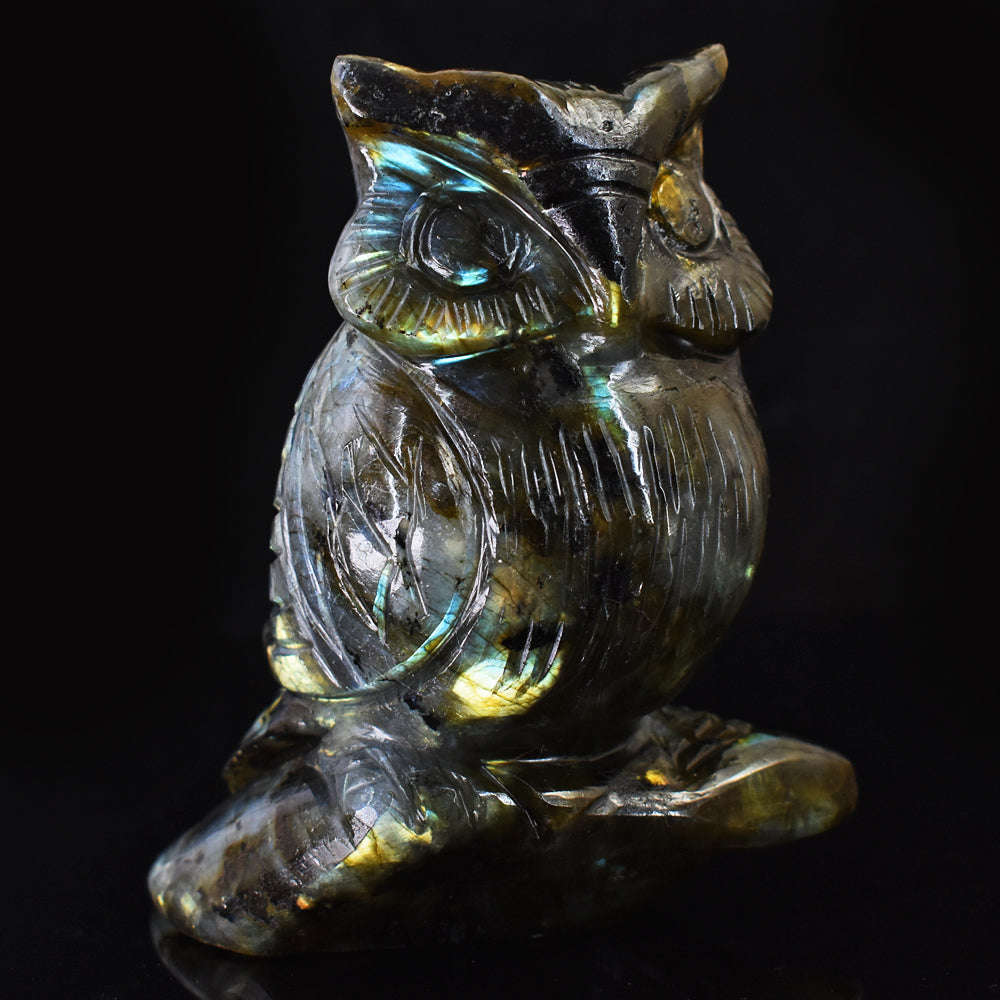 gemsmore:Gorgeous  Amazing Flash Labradorite Hand Carved Owl Gemstone