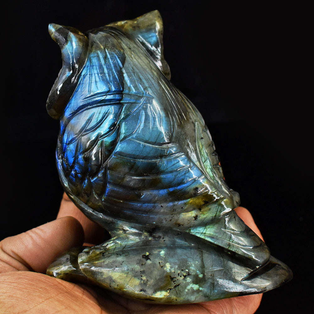 gemsmore:Gorgeous  Amazing Flash Labradorite Hand Carved Owl Gemstone