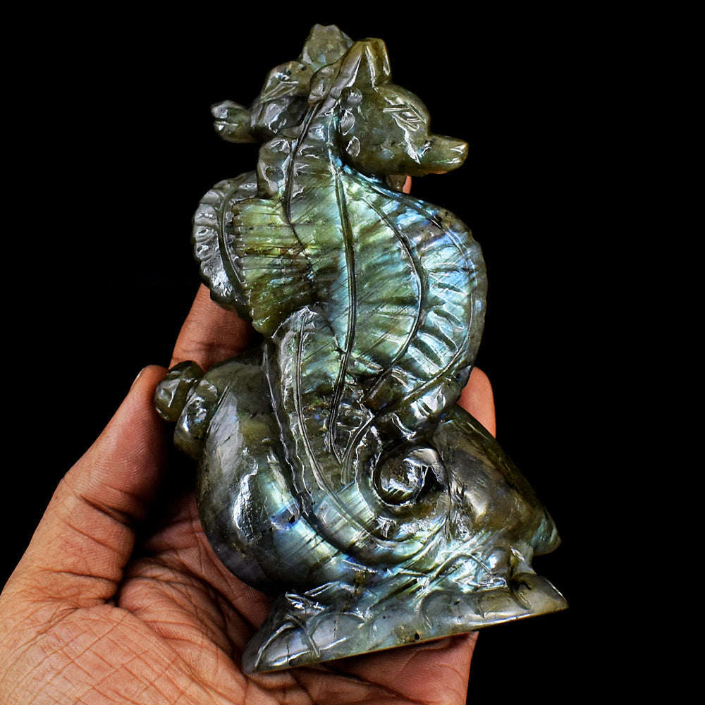 gemsmore:Gorgeous Amazing Flash Labradorite Hand Carved Seahorse