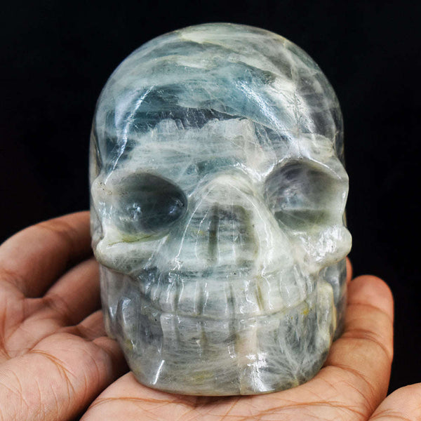 gemsmore:Gorgeous  Aquamarine  Hand Carved Genuine Crystal Gemstone Carving Skull