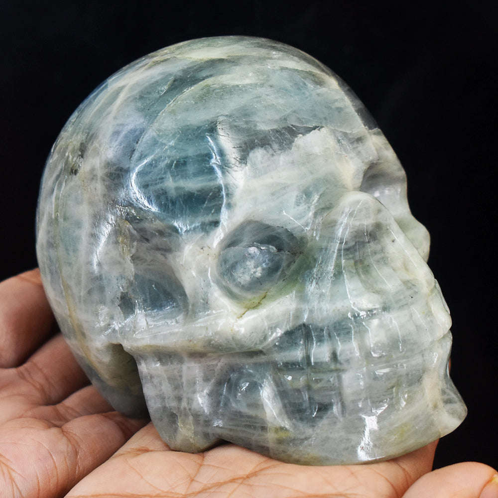 gemsmore:Gorgeous  Aquamarine  Hand Carved Genuine Crystal Gemstone Carving Skull