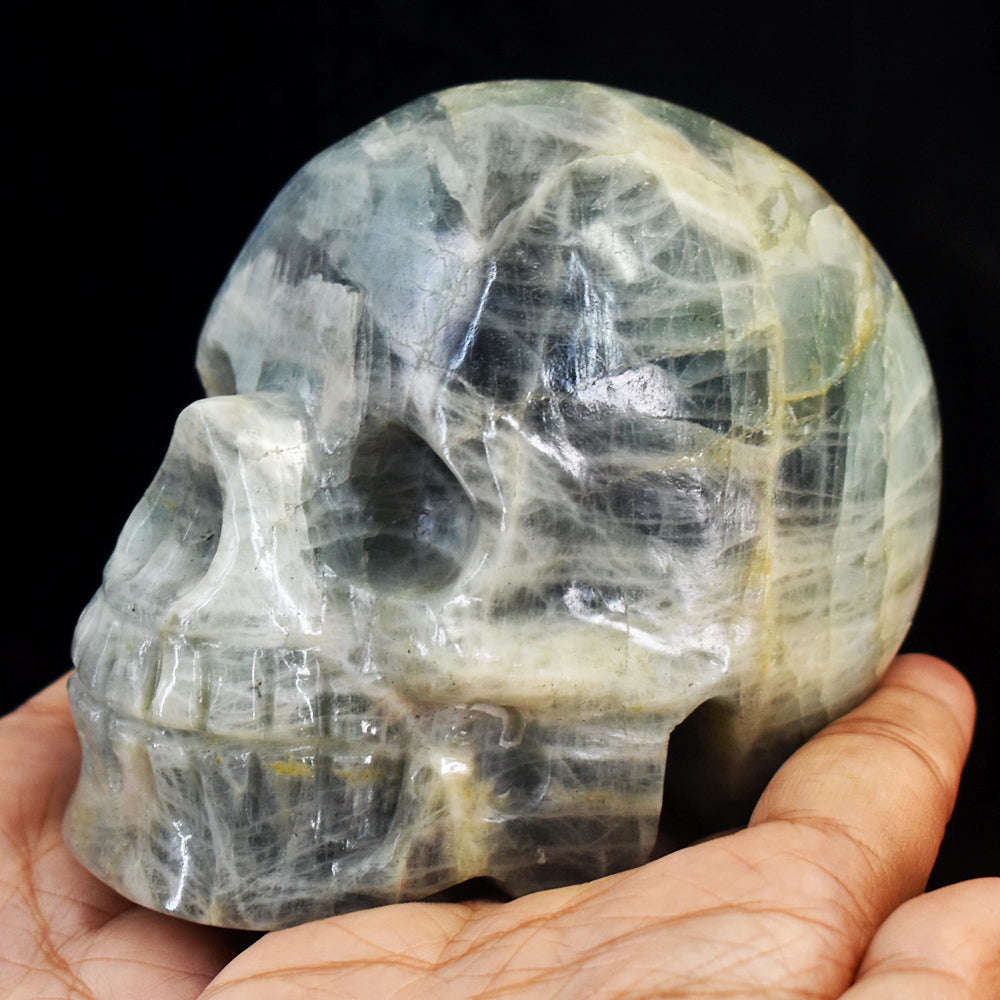 gemsmore:Gorgeous  Aquamarine  Hand Carved Genuine Crystal Gemstone Carving Skull