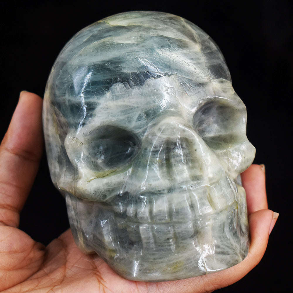 gemsmore:Gorgeous  Aquamarine  Hand Carved Genuine Crystal Gemstone Carving Skull