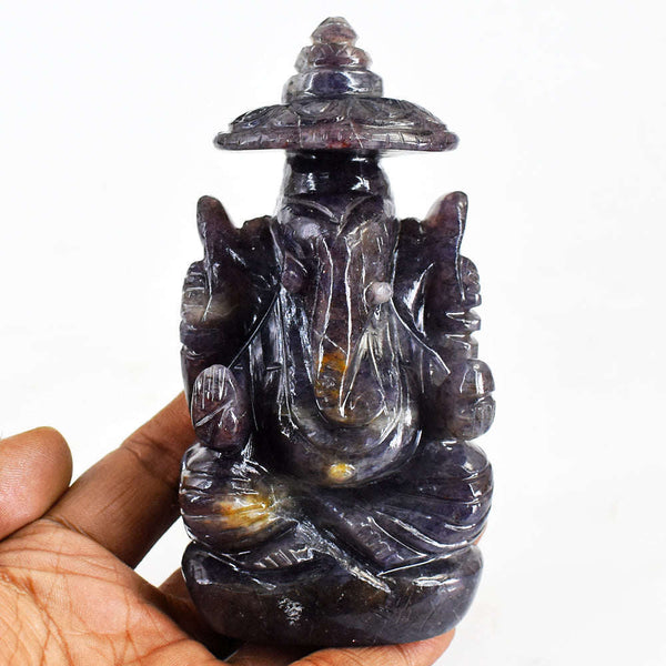 gemsmore:Gorgeous & Beautiful Blue Iolite Hand Carved Lord Ganesha With Throne