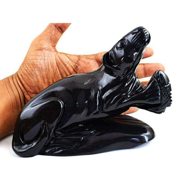 gemsmore:Gorgeous Black Obsidian Hand Carved Sea Lion With Fish In Hand