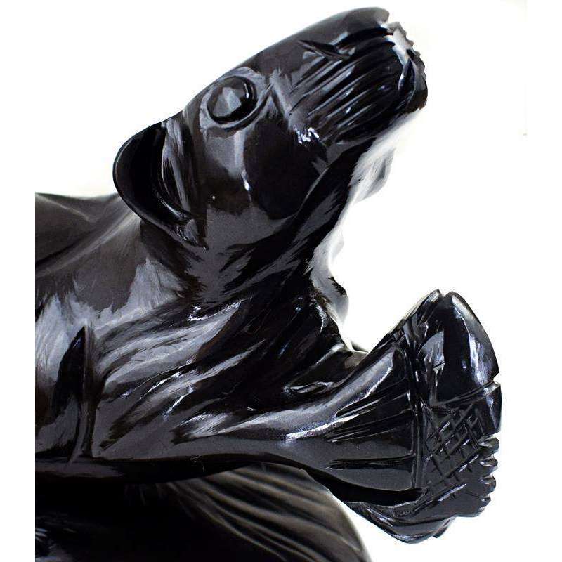 gemsmore:Gorgeous Black Obsidian Hand Carved Sea Lion With Fish In Hand